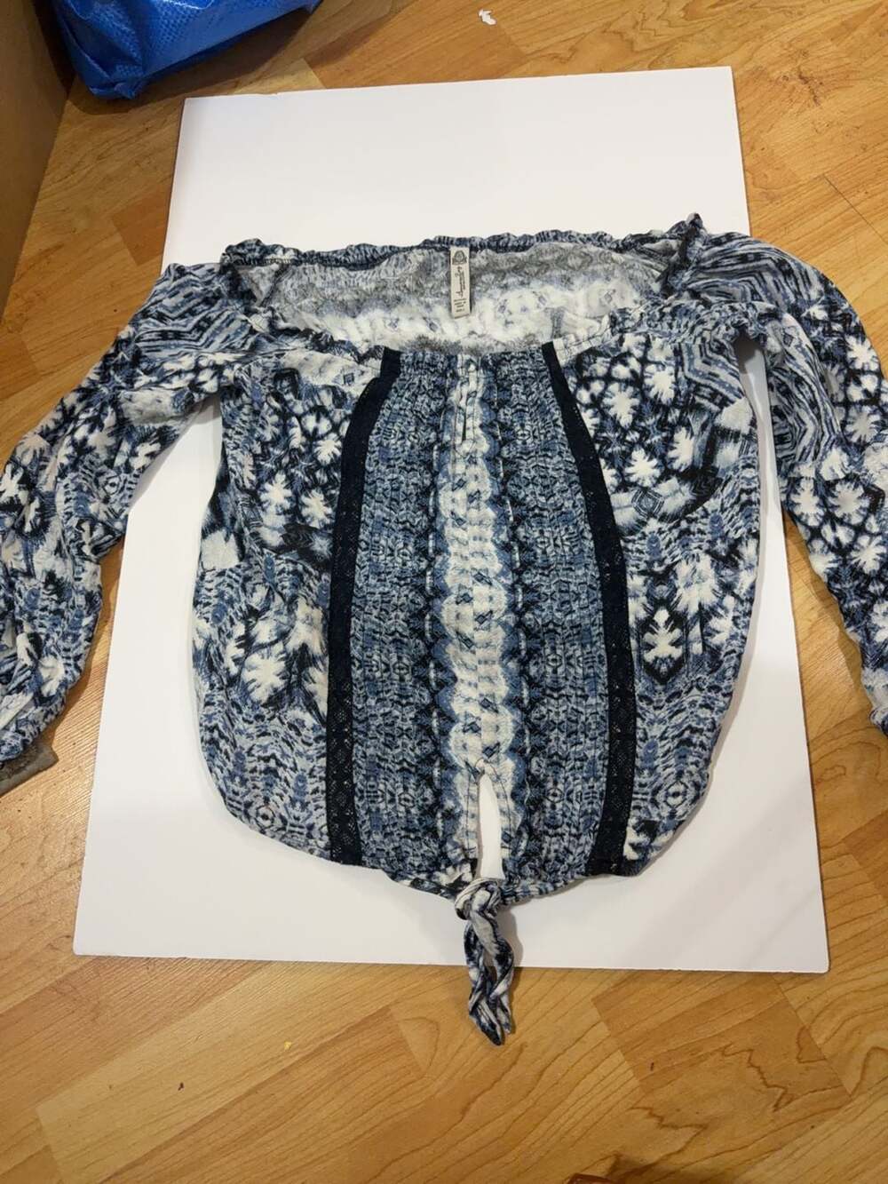 American Rag Blue and White Patterned Off-the-Shoulder Tie-Front Top